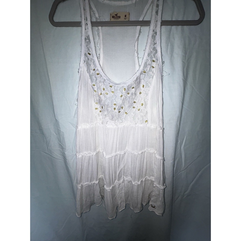 Hollister Sz M White Jeweled Lace Tank Grunge Casual Basic Tiered